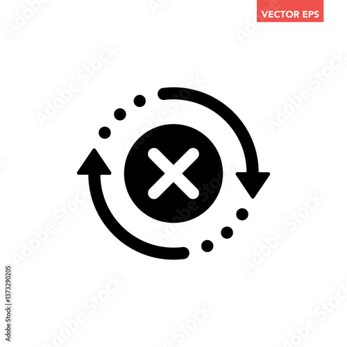 Black round check sync unapproved line icon, simple cycle rotating arrows sync flat design pictogram vector for app logo ads web webpage button ui ux interface elements isolated on white background