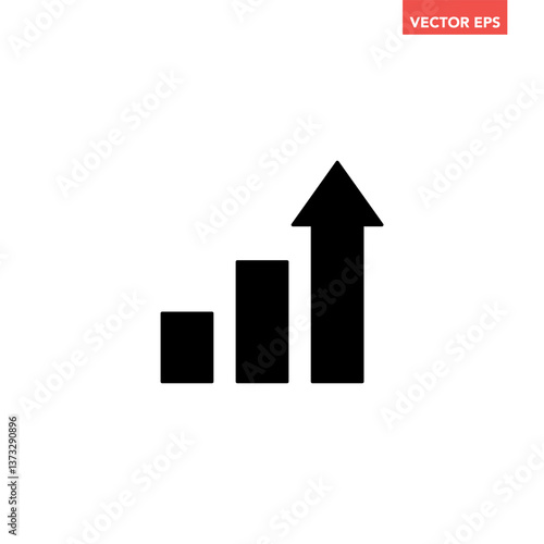 Black single arrow growing up chart graph bars filled icon, success graph trending upwards flat design interface infographic element for app ui ux web button, vector isolated on white background