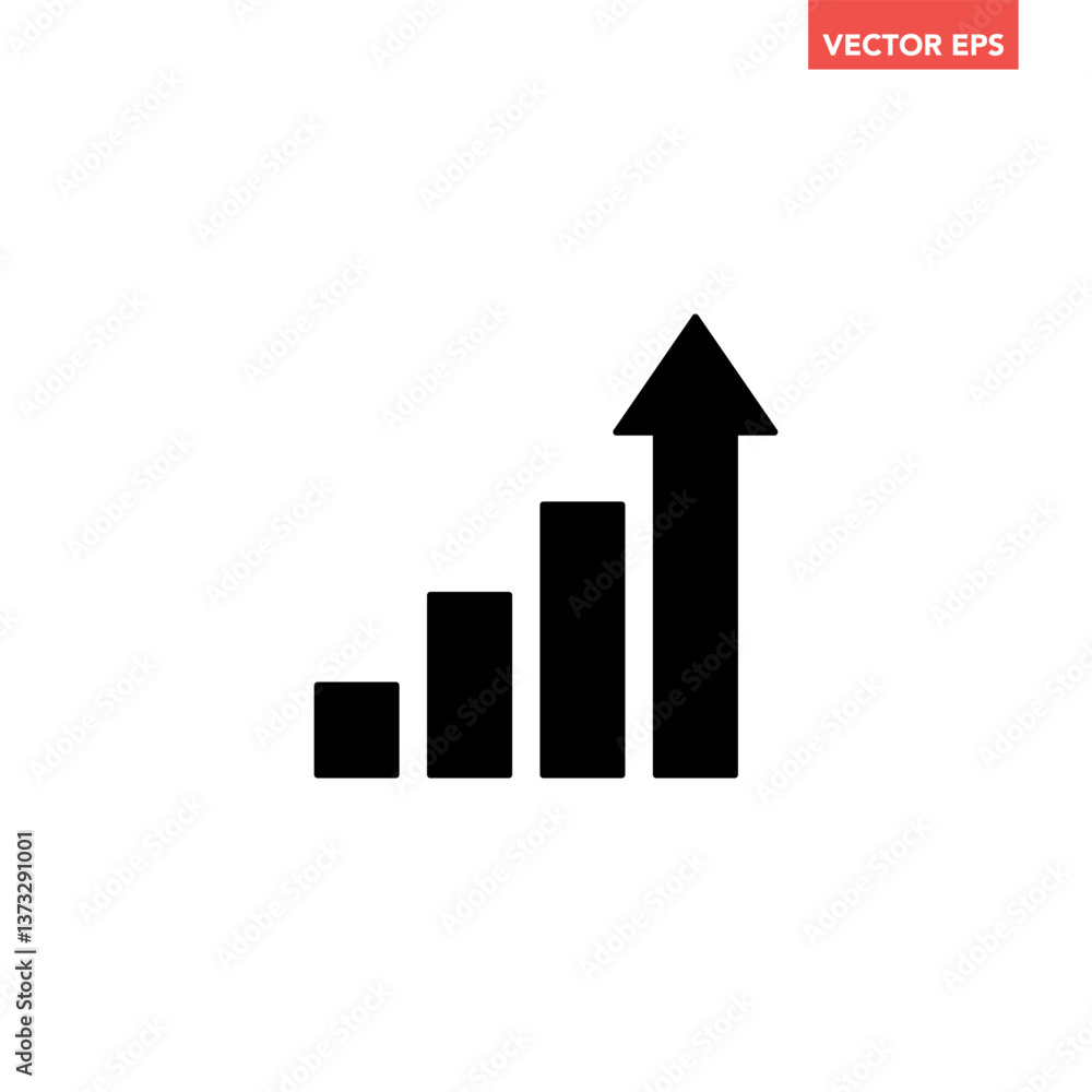 Single black arrow growing pointing up on chart graph bars icon, success graph trending upwards flat design interface infographic element for app ui ux web button, vector isolated on white background Single black arrow growing pointing up on chart graph bars icon, success graph trending upwards flat design interface infographic element for app ui ux web button, vector isolated on white background
