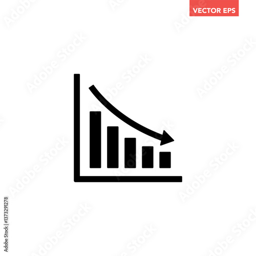 Black single financial graph with down arrow icon, simple business decline flat design pictogram vector for app ads web banner button ui ux interface elements isolated on white background