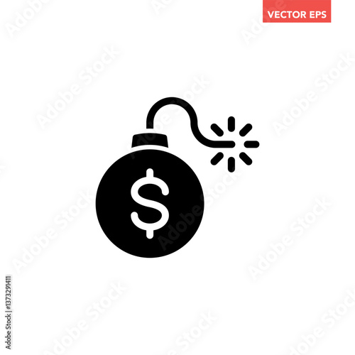 Black single exploding money bomb icon, simple economic recession flat design pictogram vector for app logo ads web webpage button ui ux interface elements isolated on white background