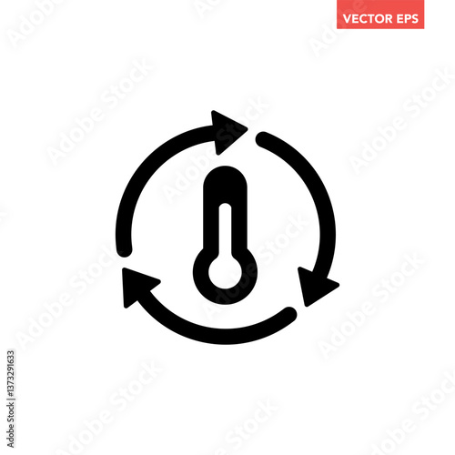 Black single temperature regulation icon, simple round thermometer process setting flat design sign pictogram vector for app ads web button ui interface elements isolated on white background