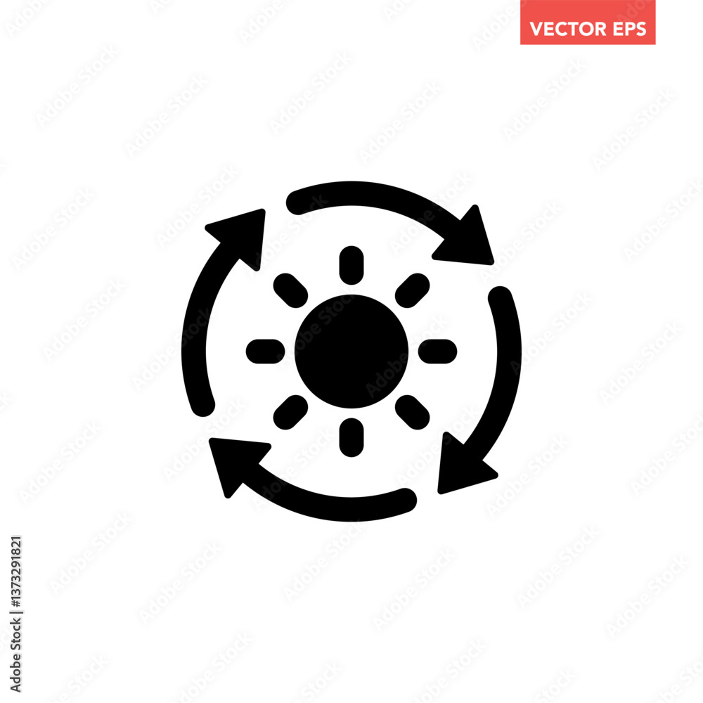 Obraz premium Black single round sustainable sun energy icon, simple solar energy conversion flat design infographic pictogram vector for app logo ads web button ui interface elements isolated on white background