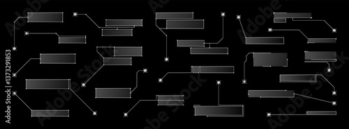 Futuristic callout titles in HUD design. Sci-fi labels, callout panels with information, information UI panel templates for video clip, infographic or poster. HUD, UI, GUI interface elements. Vector