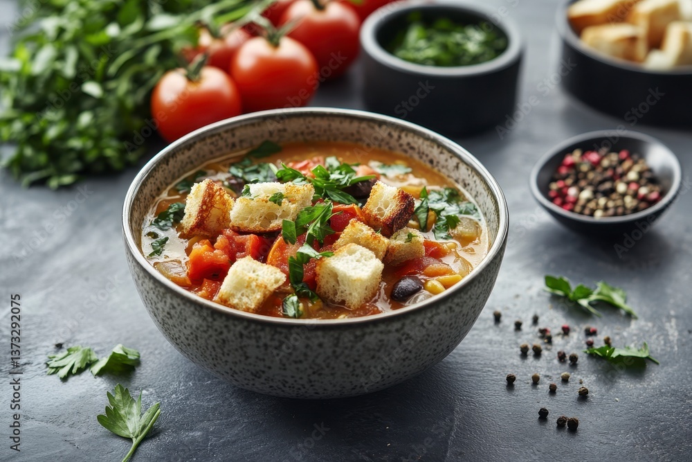 Hearty Vegetable Soup with Croutons and Parsley Hearty Vegetable Soup with Croutons and Parsley