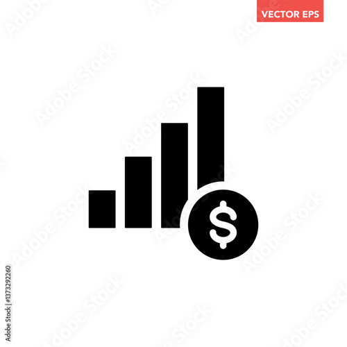 Black single financial growing graph line icon, simple inflation up or high cost living flat design pictogram vector for app ads web banner button ui ux interface elements isolated on white background