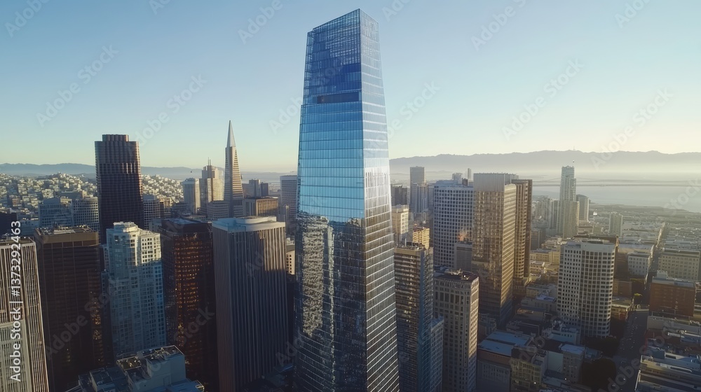 Obraz premium Create a hyper-realistic, high-angle drone view from the sky, looking straight down on the glossy glass summits of urban skyscrapers in downtown San Francisco