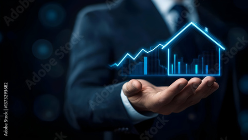 A businessman presenting a digital house with growth charts, symbolizing real estate investment and market analysis.