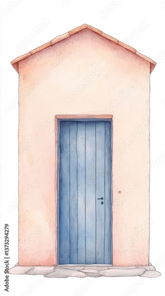 Fototapeta premium A charming watercolor illustration of a simple house with a blue door and a pink exterior, evoking a serene and inviting atmosphere.