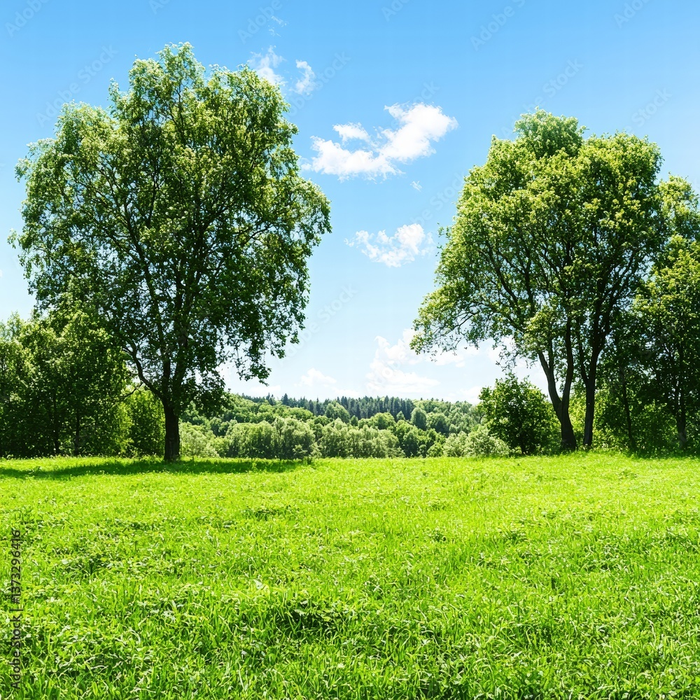 Fototapeta premium Serene field with lush green grass and majestic trees against a clear blue sky in the background