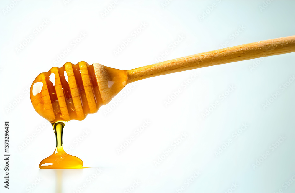 A close-up of honey dripping from a wooden dipper, showcasing the golden color and texture, perfect for food related projects. A close-up of honey dripping from a wooden dipper, showcasing the golden color and texture, perfect for food related projects.