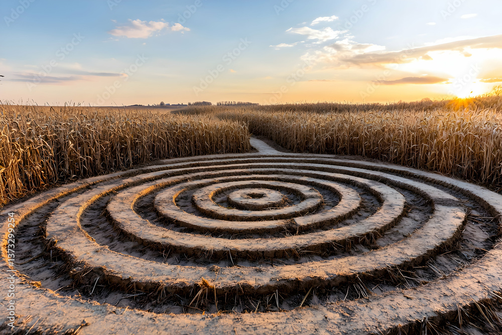 Spiral Maze in a Golden Wheat Field at Sunset Spiral Maze in a Golden Wheat Field at Sunset