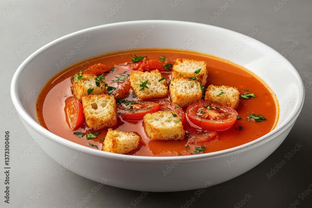 Red Tomato Soup with Croutons and Thyme in White Bowl Red Tomato Soup with Croutons and Thyme in White Bowl