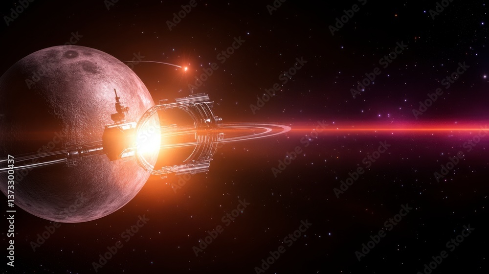 Naklejka premium Futuristic Spacecraft Orbiting Alien Planet with Colorful Rings