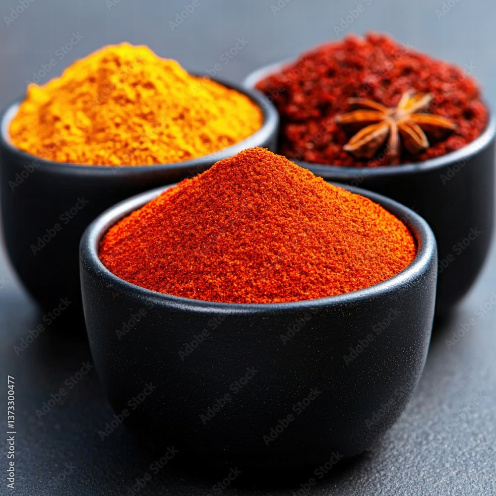 Three bowls filled with a variety of spices showcasing flavorful ingredients for culinary use Three bowls filled with a variety of spices showcasing flavorful ingredients for culinary use