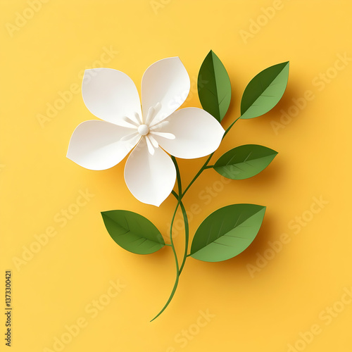 A delicate white flower with green leaves on a bright yellow background, showcasing the beauty of nature in a minimalist style.