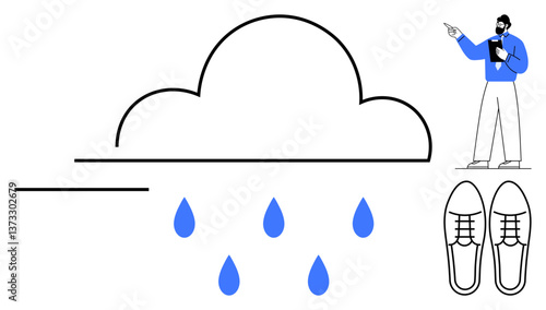 Large cloud releasing raindrops above shoes, man pointing at a concept. Ideal for weather, success, risk, brainstorming, innovation, guidance education. Flat simple metaphor