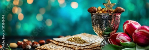 Silver Goblet with Nuts, Matzah, and Tulips on Dark Surface