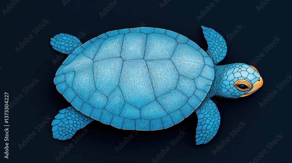 Fototapeta premium A vibrant blue turtle swimming gracefully against a dark background, showcasing its unique patterns and colors.