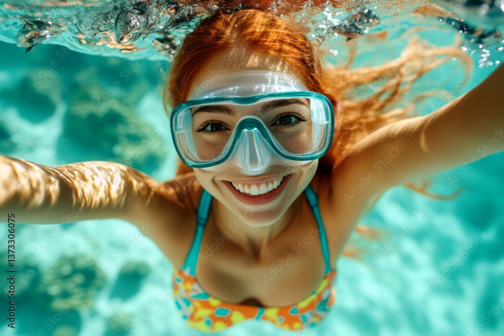 Naklejka premium A pretty and sexy happy middle eastern young woman with red hair in a swimming mask and fins snorkeling among the corals. Beautiful beach holiday. A dense school of silver fish swims next to he.