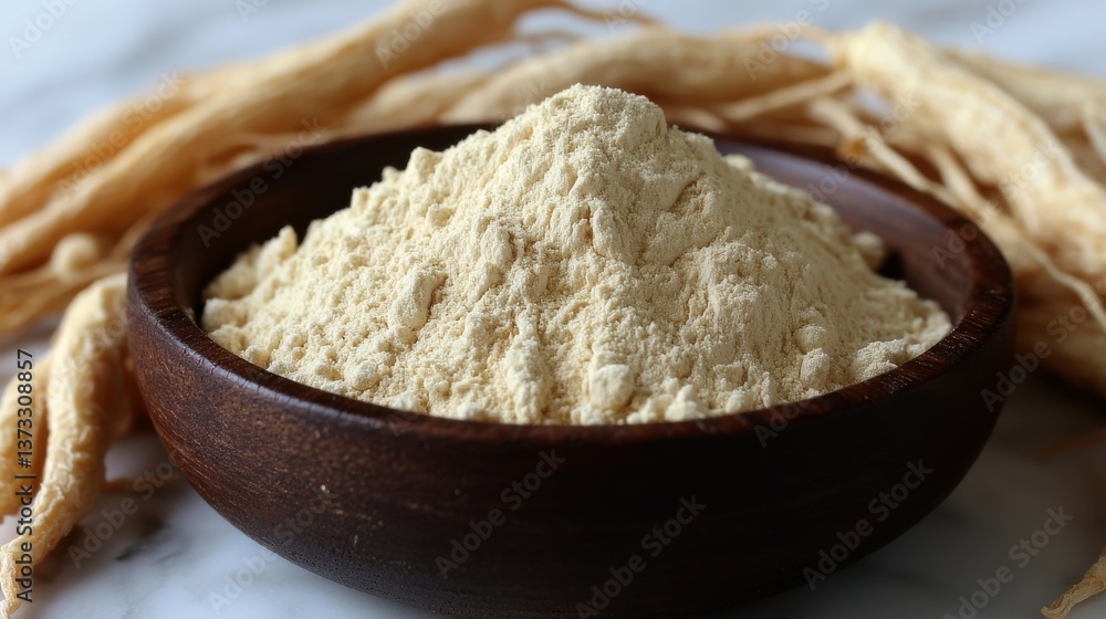 ginseng powder herbal supplement natural remedy traditional medicine superfood energy booster adaptogen organic powder health food alternative medicine wooden bowl white background ground ginseng powder herbal supplement natural remedy traditional medicine superfood energy booster adaptogen organic powder health food alternative medicine wooden bowl white background ground