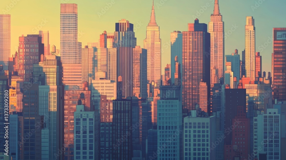 Fototapeta premium New York Skyscrapers in an animated style, 2D, Cityscape, Skyscraper level, light motion blur, golden hour, cinematic side lighting, v6 