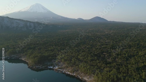 Wallpaper Mural Aerial drone view of Mount Fuji from lake Saiko, Yamanashi Prefecture, Japan Torontodigital.ca
