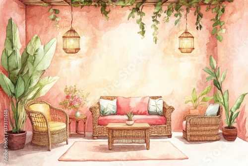 Wallpaper Mural A cozy, tropical-inspired living room featuring wicker furniture, vibrant plants, and warm lighting, creating a relaxed and inviting atmosphere. Torontodigital.ca