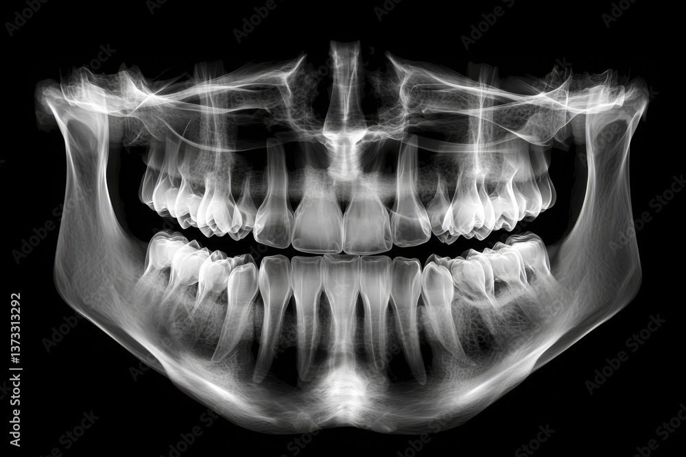 A detailed X-ray image showcasing the dental structure, including teeth and jaw alignment, against a black background. A detailed X-ray image showcasing the dental structure, including teeth and jaw alignment, against a black background.
