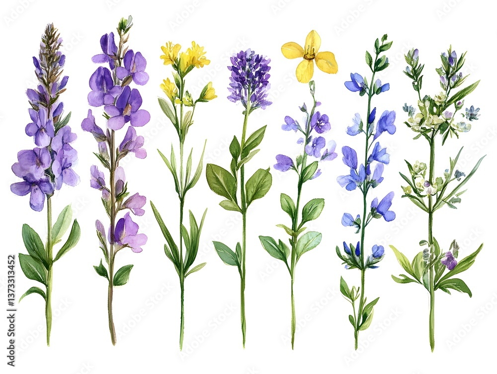Obraz premium A watercolor painting showcases a collection of vibrant wildflowers with purple, yellow, and blue blossoms on white background.