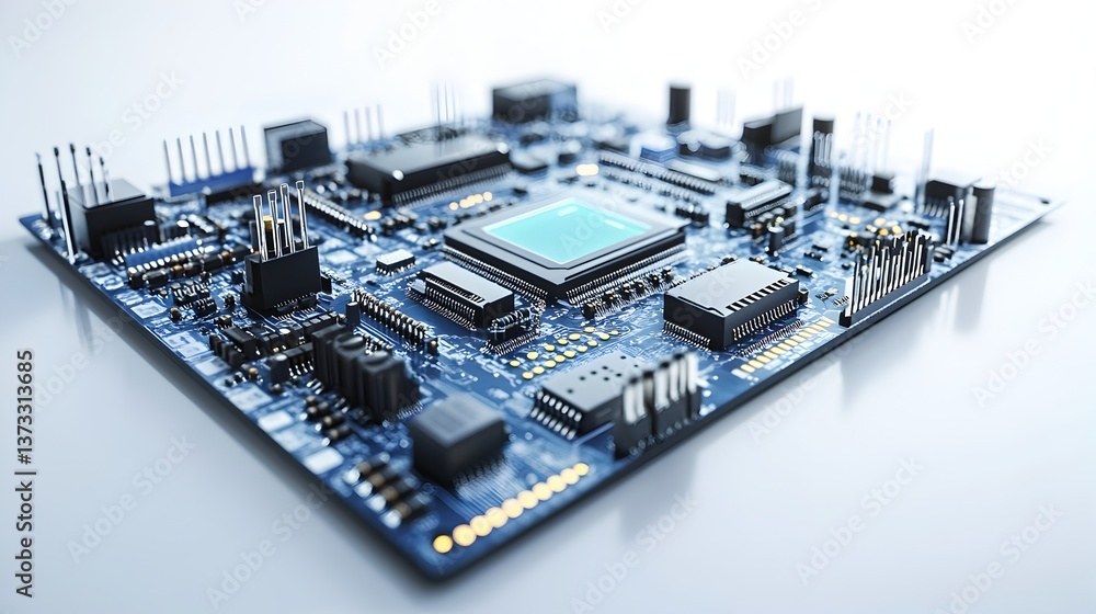 Fototapeta premium A detailed close-up shot reveals a complex computer motherboard with integrated circuit chips and various electronic components.