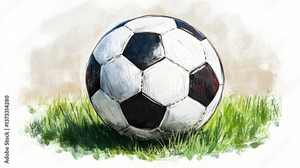 Obraz premium A classic black and white soccer ball rests on a lush green grass field; a hand-drawn illustration.