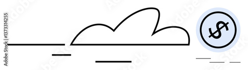 Line art cloud with a dollar sign in a circular element, symbolizing digital revenue, financial systems, cloud computing, and data monetization. Ideal for tech innovation, finance, online business