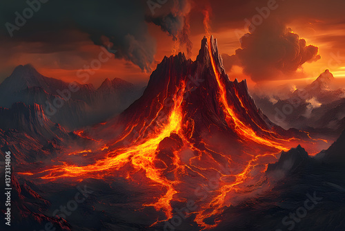 Volcano erupted, with glow orange, red lava flowing hot down from the mountain and black smoke billowing throughout area. Abstract Texture Background. Smoke billowed into the sky.