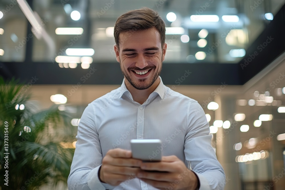 Joyful man uses phone inside office at workplace. Company employee types messages on smartphone and browses internet pages, social networks. Joyful man uses phone inside office at workplace. Company employee types messages on smartphone and browses internet pages, social networks.