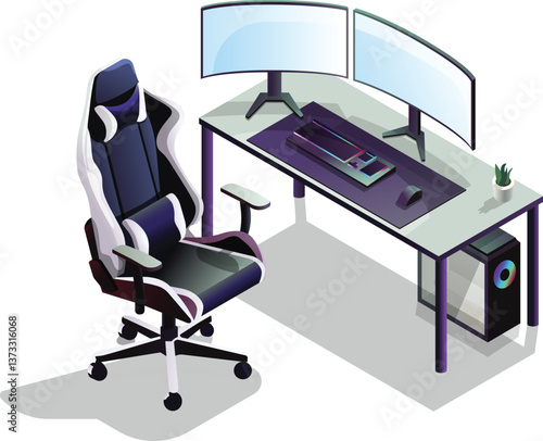 Isometric gaming desk setup with dual monitors and gaming chair