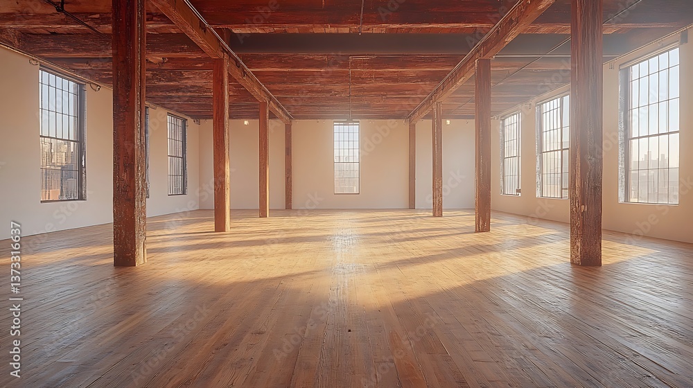 Modern Empty Loft Interior with High Ceilings and Exposed Beams Modern Empty Loft Interior with High Ceilings and Exposed Beams