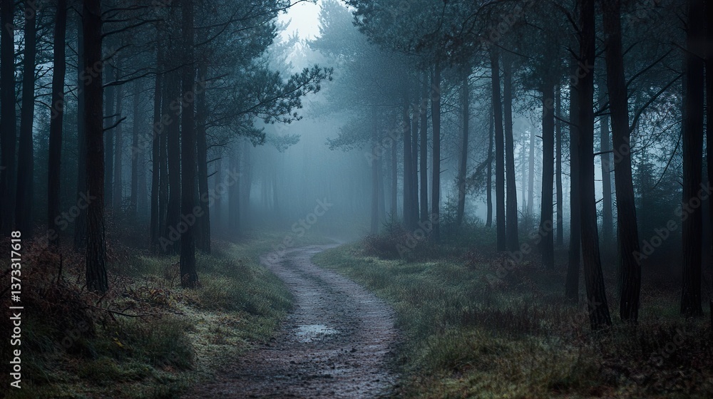 Fototapeta premium Enigmatic pathway winding through a dense foggy forest landscape at twilight