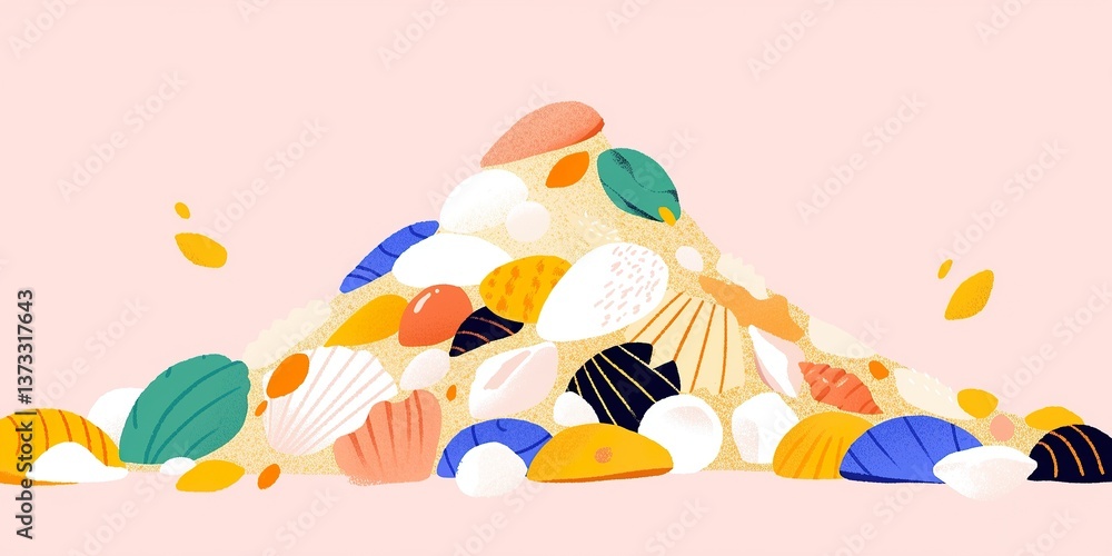 A whimsical illustration of a vibrant pile of seashells in various shapes and colors. Shells artfully arranged, evokes a sense of joy and the wonders of the ocean. A whimsical illustration of a vibrant pile of seashells in various shapes and colors. Shells artfully arranged, evokes a sense of joy and the wonders of the ocean.