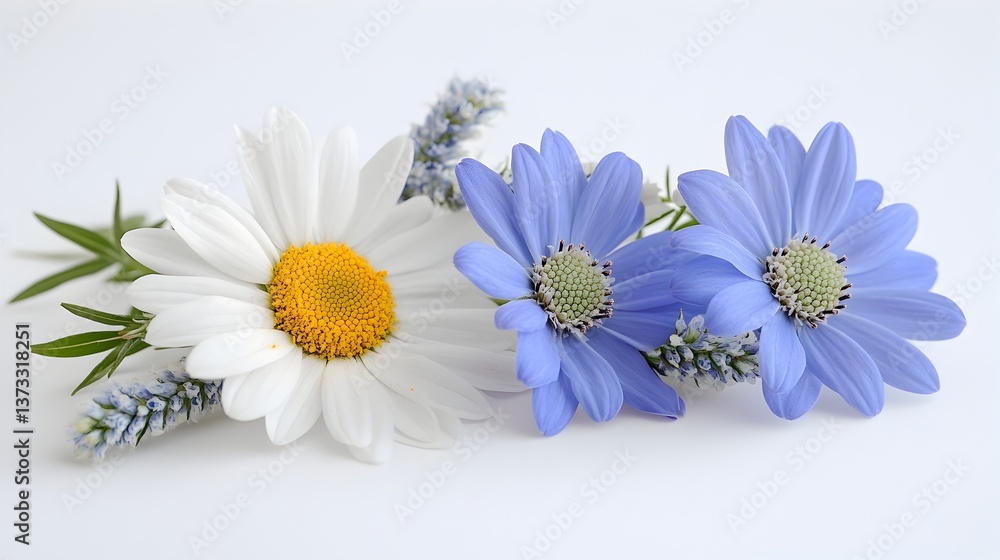 Obraz premium A delicate arrangement of white daisies and vibrant blue flowers with sprigs of lavender sits on a plain white background.