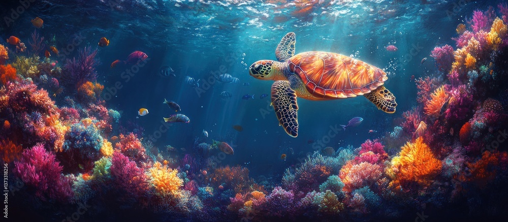 Fototapeta premium Colorful Sea Turtle in Vibrant Coral Reef