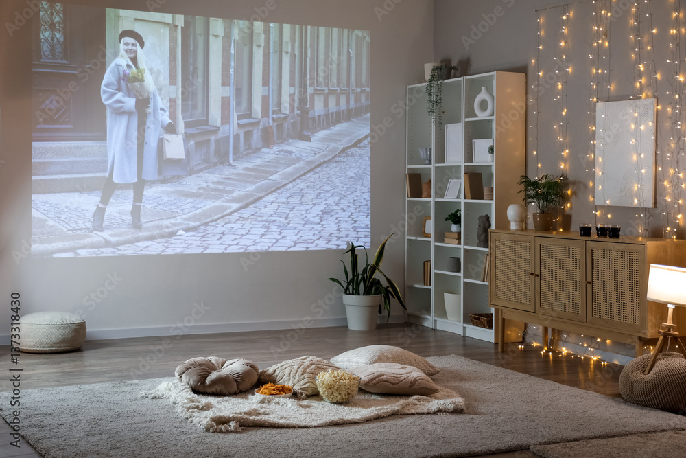 Living room with tasty snacks prepared for watching movie at home in evening