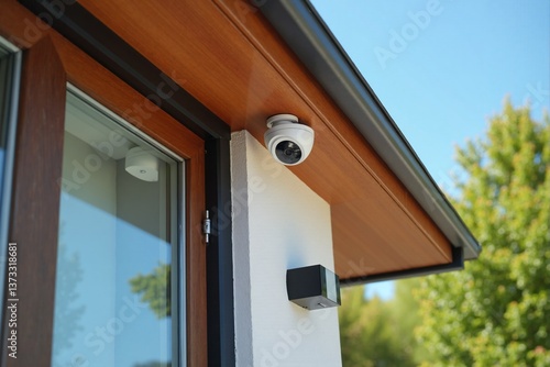 Modern security camera installed on exterior home eave against blue sky backdrop. Residential surveillance system with dome-style camera mounted under wooden soffit providing property protection