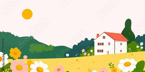 Obraz na płótnie A vibrant illustrated landscape showcasing a charming countryside cottage set against a serene backdrop of rolling hills, blooming flowers, and the warm embrace of the sun. w salonie