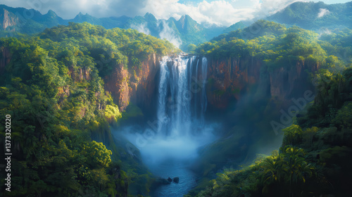Majestic waterfall plunging into a crystal clear pool surrounded by lush green jungle and exotic vegetation