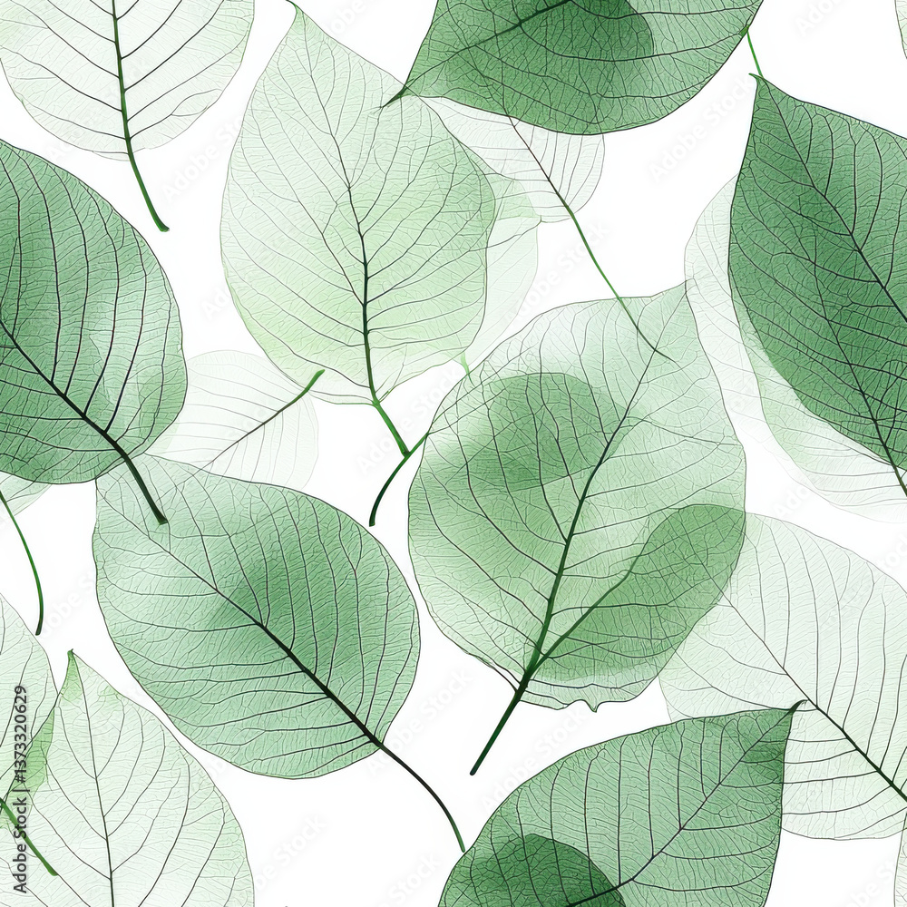Obraz premium Fine leaf veins in soft green watercolor hues forming seamless pattern