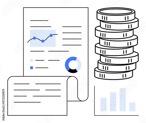 Financial documents with charts, graphs, and stacked coins illustrating statistics, income, and investment growth. Ideal for finance, accounting, budget economy wealth analysis strategy. Flat