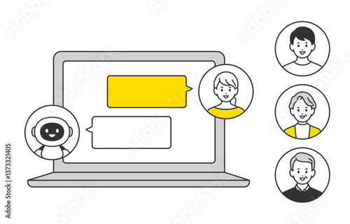 パソコンでAIとチャットする若い女性（差し替え用のアイコンセット）【人物ベクターイラスト素材】