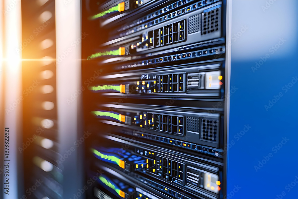 Data center servers, network infrastructure, technology, sun flare Data center servers, network infrastructure, technology, sun flare