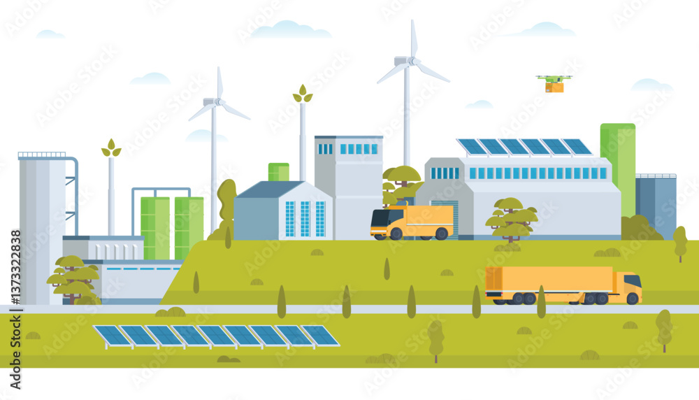 Sustainable Green Energy & Industry Vector Illustration Landscape with Hydropower Dam, Solar Panels, and Wind Turbines. Fully Editable and Modular Elements.
Sustainable Green Energy & Industry Vector Illustration Landscape with Hydropower Dam, Solar Panels, and Wind Turbines. Fully Editable and Modular Elements.